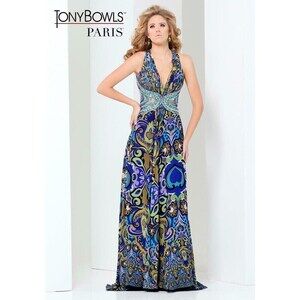 Tony Bowls Paris Print Chiffon Prom Dress 115750 Royal/Multi